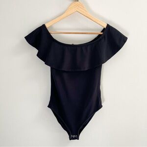 Topshop Black Ruffle Off The Shoulder Stretch Cotton Bodysuit Size 6